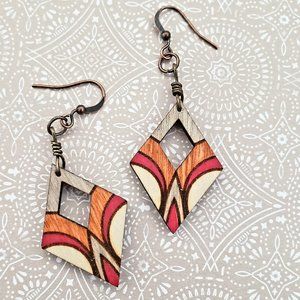 Tribal Wood Earrings | Orange Red & Grey